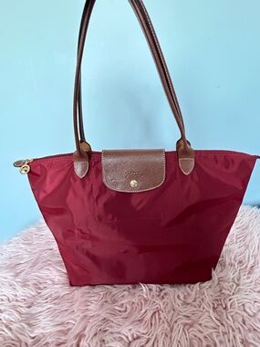 Longchamp Maroon Nylon Tote with Brown Leather Trim